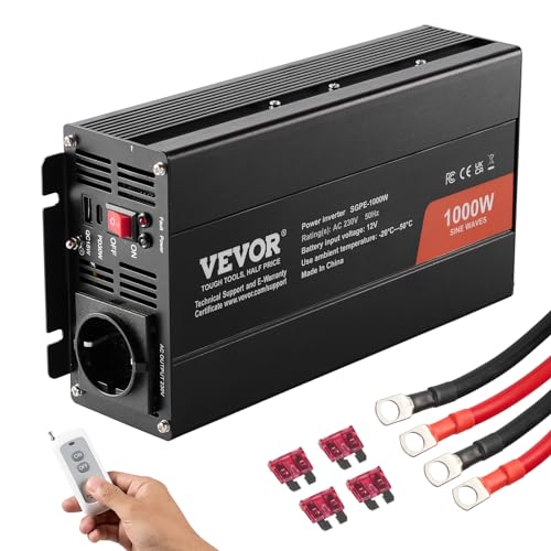 VEVOR Wechselrichter mit Reiner Sinuswelle 1000W DC 12V AC 230V Spannungswandler mit 2 AC-Steckdosen 2 USB-Anschlüssen 1 Typ-C-Anschluss Fernbedienung für kleine Heimgeräte wie Smartphone-Laptop von VEVOR