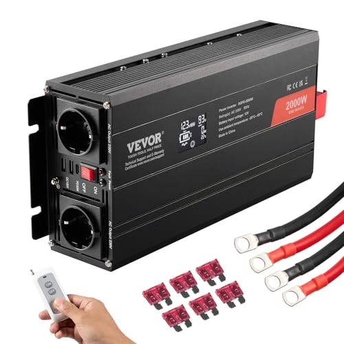 VEVOR Wechselrichter mit Reiner Sinuswelle 2000W DC 12V AC 230V Spannungswandler mit 2 AC-Steckdosen 2 USB-Anschlüssen 1 Typ-C-Anschluss LCD-Display und Fernbedienung für mittelgroße Haushaltsgeräte von VEVOR