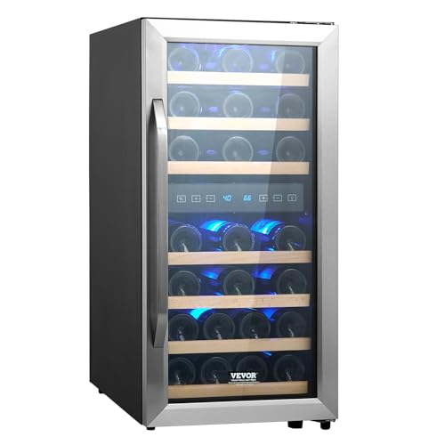 VEVOR Weinkühlschrank Getränkekühlschrank mit doppelter Zonen 33 Flaschen, LED-Kühlschrank mit Edelstahltür, Getränkekühlschränke Freistehend, Mini Kühlschrank Minibar mit UV-Schutz, Bars Wohnungen von VEVOR
