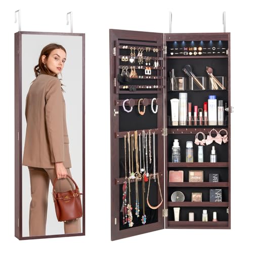 VEVOR abschließbarer Schmuckschrank Schmuckspiegelschrank 108cm Hohe, Aufbewahrung von Juwelen mit Ganzkörperspiegel, Wandmontage Schmuckspiegel-Organizer mit LED-Innenbeleuchtung & Samtfutter, braun von VEVOR