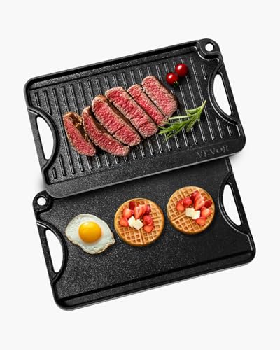 VEVOR wendbarer Grillplatte Bratpfanne Griddle aus Gusseisen (185 x 342 mm), tragbare rechteckige BBQ Pfanne mit Griff, Familienkochgeschirr für Herdplatten drinnen/draußen Grill, schwarz von VEVOR