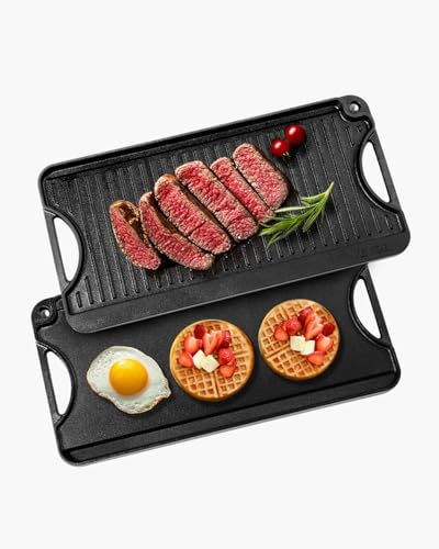 VEVOR wendbarer Grillplatte Bratpfanne Griddle aus Gusseisen (492 x 218 mm), tragbare rechteckige Pfanne mit Griff, Familienkochgeschirr für Herdplatten drinnen/draußen Grill, schwarz von VEVOR