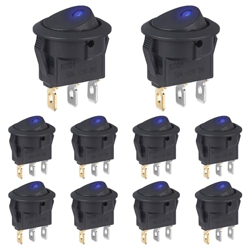 VEXUNGA Kippschalter 12V DC 20A Schalter Wippschalter 3 Polig Beleuchtet Rund Ein/Aus mit LED Blaulicht 12Volt 2 Position KFZ Einbauschalter Selbsthemmung Quadratisch Runde für Auto Boot (10 Stück) von VEXUNGA