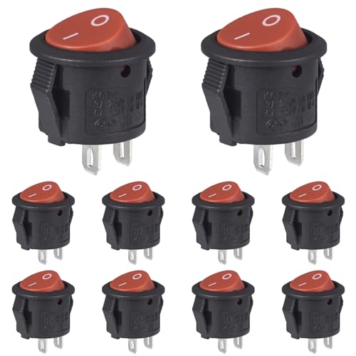 VEXUNGA Wippschalter Mini Kippschalter Rund 2 Polig Rot Ein/Aus Schalter Klein 3A 250V AC 6A 125V 15MM Kunststoff Push Button Switch (10 Stück) von VEXUNGA
