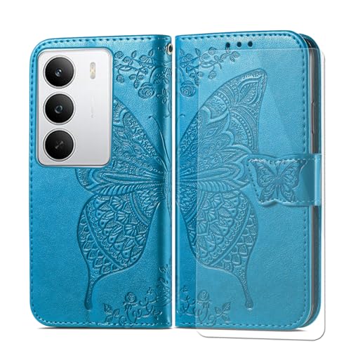 VGANA Hülle Kompatibel für Realmle C75, Brieftasche Handyhülle mit 1 Pack Bildschirmschutz Schmetterling Schönes Muster mit Magnetverschluss. Blau von VGANA