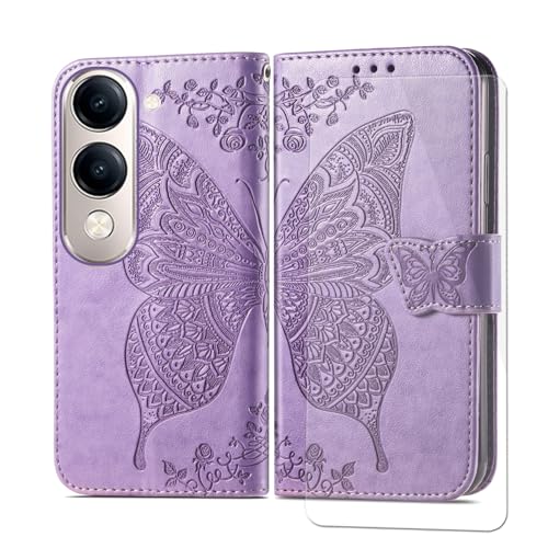 VGANA Hülle Kompatibel für Vivo Y19, Brieftasche Handyhülle mit 1 Pack Bildschirmschutz Schmetterling Schönes Muster mit Magnetverschluss. Lila von VGANA