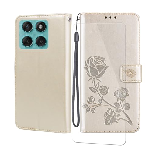 VGANA Hülle für Motorola Edge 60, Brieftasche Handyhülle und Panzer Schutz Glas Elegante Rose [Ständer] Flip Tasche Klapphülle. Gelb von VGANA
