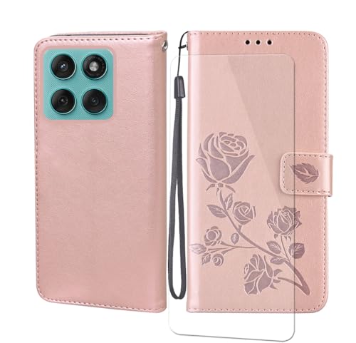 VGANA Hülle für Motorola Edge 60 Fusion, Brieftasche Handyhülle und Panzer Schutz Glas Elegante Rose [Ständer] Flip Tasche Klapphülle. Rosa von VGANA