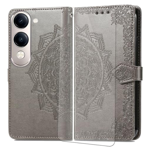 VGANA Hülle für Vivo Y19, Premium PU Leder Klapphülle Brieftasche Lederhülle Elegante Relief mit 3 Kartenschlitz Handyhülle. Grau von VGANA