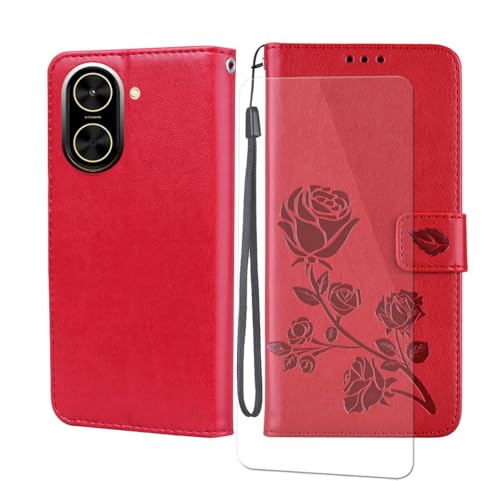 VGANA Hülle für Xiaomi Poco C71, Brieftasche Handyhülle und Panzer Schutz Glas Elegante Rose [Ständer] Flip Tasche Klapphülle. Rot von VGANA