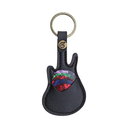 VGOL Gitarren-Pick-Halter Leder Schlüsselanhänger mit 5 Plektren Mini Gitarrenform Plektren Schlüsselanhänger Schlüsselanhänger für Gitarrenliebhaber Männer Frauen Schwarz von VGOL
