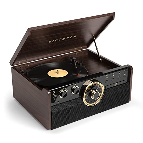 Victrola Empire moderner 6-in-1-Bluetooth-Plattenspieler im Stil der 50er-Jahre mit DREI Abspielgeschwindigkeiten, CD- und Kassettenspieler und Radio | VTA-270B-ESP-INT von VICTROLA