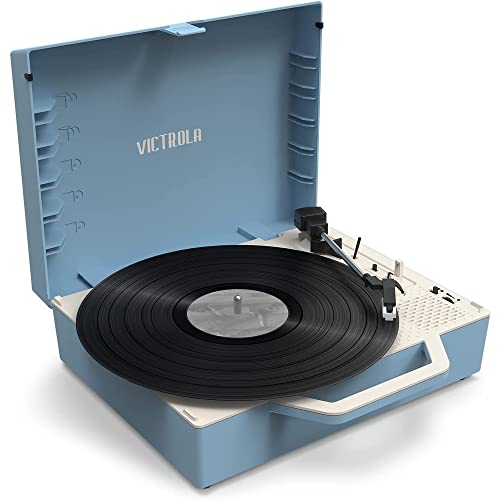 Victrola Re-Spin nachhaltiger Kofferplattenspieler mit Vinyl-Streaming an Bluetooth-Lautsprecher | Aus 25% recyceltem Kunststoff | Blau | VSC-725SB-LBL-INT von VICTROLA
