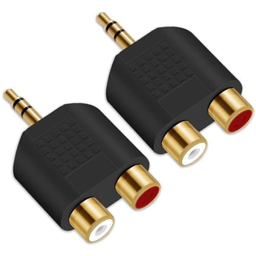 VIEVRE 2 Stück Audio Adapter Klinke 3,5, 3,5mm zu 2 RCA Adapter, AUX Splitter, Klinke Splitter 1 auf 2, Cinch Splitter Klinken Stecker Metall Vergoldet, Cinch Y Adapter von VIEVRE