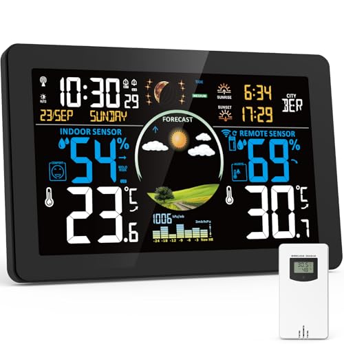 VIFLYKOO Wetterstation Funk mit Außensensor, Thermometer & Hygrometer, Wettervorhersage, Luftdruck, DCF Funkuhr, VA-Display, Batterie- & Netzbetrieb, für Innen & Außen, Schwarz von VIFLYKOO