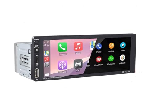 1-DIN-Autoradio mit kabellosem CarPlay, Android Auto, 6,9-Zoll-Touchscreen, Bluetooth-Autoradio, unterstützt FM AM, RDS-Radio, Mirror Link, USB Typ C, Sprachsteuerung, Stromausfallspeicher von VIGORTHRIVE