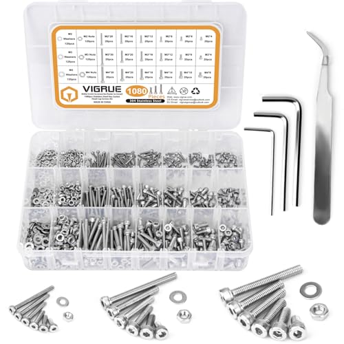 VIGRUE 1080Pcs Schrauben Set M2 M3 M4 Edelstahl-Sechskopf-Knopf Schrauben Muttern und Unterlegscheiben Sortiment Kit Sechskantschrauben mit Aufbewahrungsbox flach Fall Box +Schraubenschlüssel von VIGRUE