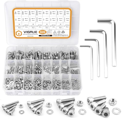 VIGRUE 520PCS M3 M4 M5 M6 A2-70 Edelstahl-Sechskopf-Knopf Schrauben Edelstahlschrauben Innensechskant Maschinenschrauben Schraube Muttern und Unterlegscheiben Sortiment Kit mit Aufbewahrungsbox von VIGRUE