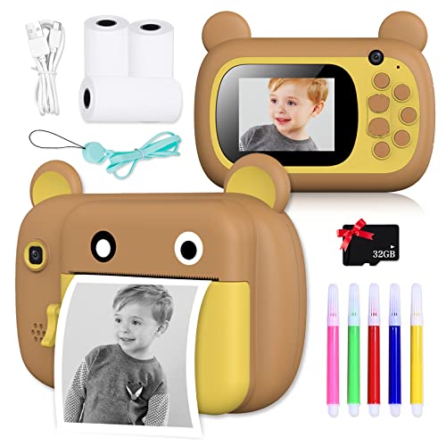 VIKILEE Kinderkamera Digitalkamera mit Echtzeitdruck 2,4 Zoll IPS Augenschutzscheibe. 1080P HD, 32G TF Speicherkarte, Spielzeug für Jungen und Mädchen (Braun) von VIKILEE