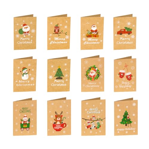 VIKY® 12 Stück Weihnachtskarten mit Umschlag Set, Weihnachtskarte mit Aufkleber, Kraftpapier Grußkarten Weihnachten Postkarten, Mini Christmas Cards, Weihnachtspostkarten für Kinder Familie Freund von VIKY