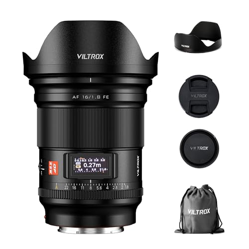 VILTROX AF 16m F1.8 FE Objektiv für Sony E Mount, große Blende F/1.8 Vollformat-Weitwinkelobjektiv mit integriertem LCD-Bildschirm für Sony E-Mount Kamera Alpha a7II a7RIII a7RIV a7S a7SII a9 a7C von VILTROX