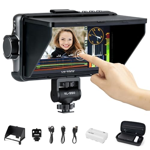 VILTROX DC-550 Pro Touchscreen Kamera Field Monitor 4K HDMI (5,5 Zoll) 1200 Nits 160° Weitwinkel DC 12V Typ-C 5V 3D Lut Peaking Focus Assist für DSLR Kamera Monitor mit Akku und Sonnenschutz haube von VILTROX