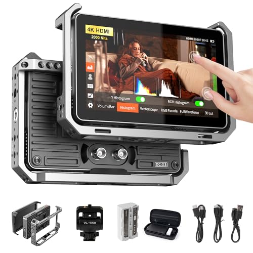 VILTROX DC-X3 2000 Nits SDI Kamera Field Monitor Kit mit Rig Cage, 4K HDMI 6" Touchscreen DSLR Kamera Video Monitor mit Sonnenschutz/Akku, 3D Lut 1920x1080 HD Full Waveform Focus Peaking Vector Scope von VILTROX