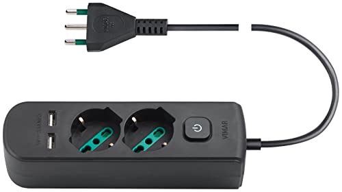 Vimar 0R00625.CC Steckdosenleiste mit Schalter und 1,5m Kabel, 2X Universal Italienischer Standard, 2X SICURY USB A, Stecker schwarz von VIMAR