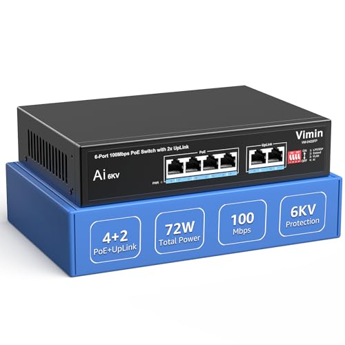 VIMIN 6-Port PoE Switch mit 4 PoE Ports, 4-Port Unmanaged 10/100Mbit/s Netzwerk PoE Switch mit 2 Uplink Ports, AI Wachhund, VLAN, Erweiterung auf 250 m, Unterstützung von IEEE802.3af/at, 72 W von VIMIN