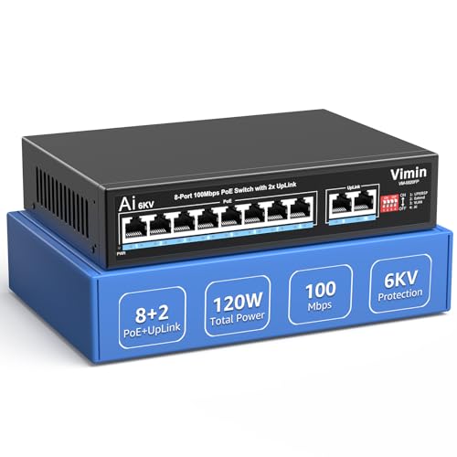 VIMIN 10-Port PoE Switch mit 8 PoE Ports, 8-Port Unmanaged 10/100Mbit/s Netzwerk PoE Switch mit 2 Uplink Ports, AI Wachhund, VLAN, Erweiterung auf 250 m, Unterstützung von IEEE802.3af/at, 120 W von VIMIN
