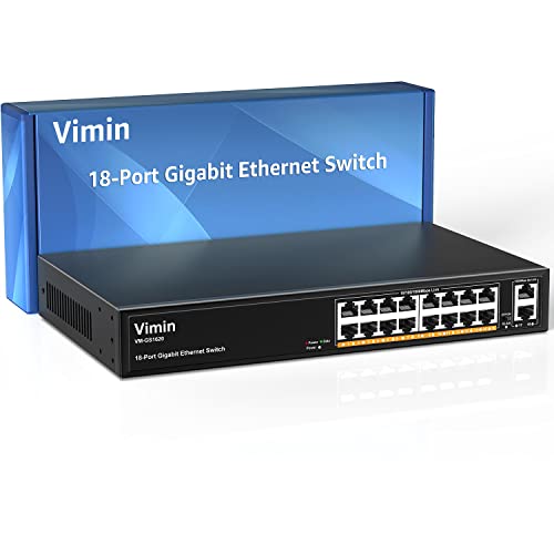 VIMIN 16-Port Gigabit Ethernet Switch mit 2 Uplink-Ports mit 1000 Mbit/s, 18-Port unmanaged Network Switch unterstützt IEEE802.3af/at, VLAN, Metallgehäuse, Desktop, Wandmontage oder Rackmontage von VIMIN