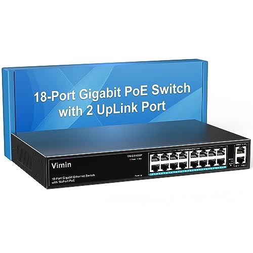 VIMIN 16-Port Gigabit PoE Switch mit 2 Uplink Gigabit Ports, 18-Port Unmanaged Ethernet PoE Switch mit 250W Leistung, Unterstützung von IEEE802.3af/at, VLAN, Wand- oder Rackmontage, Plug & Play von VIMIN