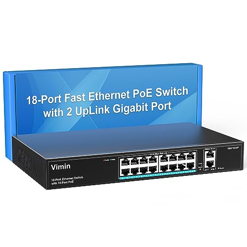 VIMIN 18 Port Fast Ethernet PoE+ Switch mit 2 Gigabit Uplink-Ports, 16 Port 10/100Mbps PoE Netzwerk-Switch Unmanaged unterstützt IEEE802.3af/at, Reichweitenverlängerung auf 250m, VLAN, 250W PoE Budget von VIMIN