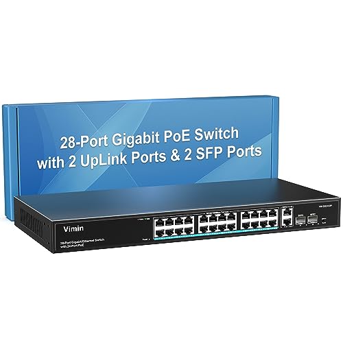 VIMIN 24-Port Gigabit PoE Switch Unmanaged mit 2 Uplink Gigabit Ports & 2 SFP, 28-Port PoE Power Ethernet Switch mit 320W Hochleistung, Unterstützung von IEEE802.3af/at, VLAN, Rackmontage von VIMIN