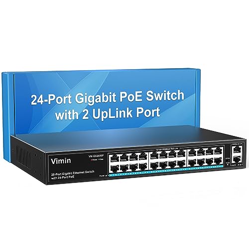 VIMIN 24-Port Gigabit PoE Switch mit 2 Uplink Gigabit Ports, 26-Port Unmanaged Ethernet PoE Switch mit 320W Leistung, Unterstützung von IEEE802.3af/at, VLAN, Wand- oder Rackmontage, Plug & Play von VIMIN