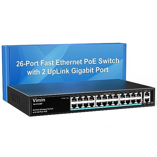 VIMIN 26 Port Fast Ethernet PoE+ Switch mit 2 Gigabit Uplink-Ports, 24 Port 10/100Mbps PoE Netzwerk-Switch Unmanaged unterstützt IEEE802.3af/at, Reichweitenverlängerung auf 250m, VLAN, 320W PoE Budget von VIMIN
