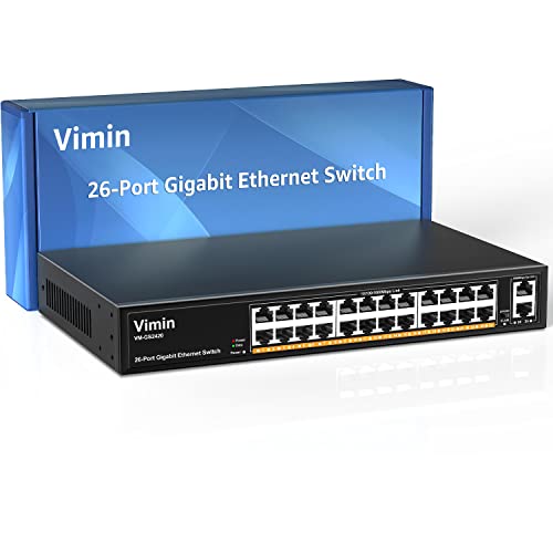 VIMIN 26-Port Gigabit Ethernet Switch mit 2 Uplink-Ports mit 1000 Mbit/s, 24-Port unmanaged Network Switch unterstützt IEEE802.3af/at, VLAN, Metallgehäuse, Desktop, 19 inch Rackmontage von VIMIN