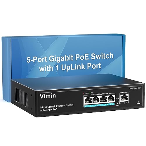 VIMIN 4-Port Gigabit PoE Switch mit 1 Uplink Gigabit Port, 5-Port Unmanaged Ethernet PoE Switch mit 72W Leistung, Unterstützung von IEEE802.3af/at, VLAN, Desktop- oder Wandmontage, Plug & Play von VIMIN