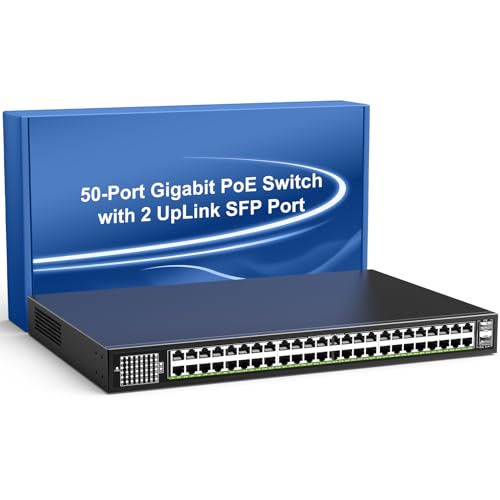 VIMIN 48-Port Gigabit PoE Switch Unmanaged mit 2X 1000Mbps Uplink SFP Port, 50-Port PoE Ethernet Switch Unterstützt IEEE802.3af/at, 400W Leistung, Plug and Play, Metallgehäuse, Rack-Mount von VIMIN