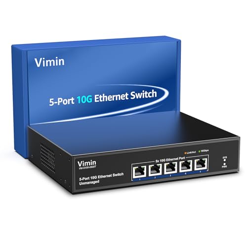 VIMIN 5-Port 10G Unmanaged Ethernet Switch, 10Gbe Netzwerk Switch Unterstützt 100M/1000M/2,5G/5G/10G Geschwindigkeits Auto-Negotiation, für 10G NAS Netzwerk, Plug & Play, 100Gbps Switching Kapazität von VIMIN