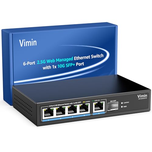 VIMIN 5-Port 2.5G Base-T Smart Web Ethernet Switch Managed mit 10Gbps SFP-Port, Kompatibel mit 100/1000/2500Mbps Netzwerk, 6-Port 2.5 Gigabit Managed Switch für 2.5G NAS, Gaming-PC von VIMIN