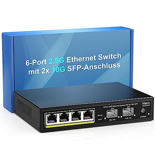 VIMIN 6-Port 2,5G Unmanaged Network Switch, 4X 2,5GBase-T Ports, 2X 10G SFP, Ethernet Switching Kapazität von 60Gbps, One-Key VLAN, Lüfterlos, Geeignet für 2,5Gbps NAS, Kabellose APs und PCs von VIMIN