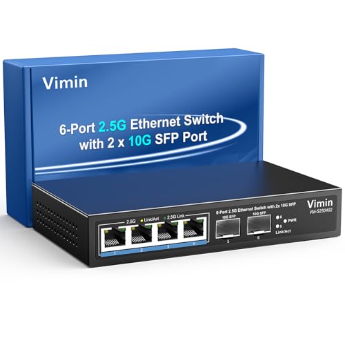 VIMIN 6-Port 2,5G Unmanaged Netzwerk-Switch, 4X 2,5GBase-T-Ports, 2X 10G SFP, Ethernet Switching Kapazität von 60 Gbit/s, Wandmontage und Desktop, Geeignet für 2,5-Gbit/s-NAS, Drahtlose AP und PC von VIMIN