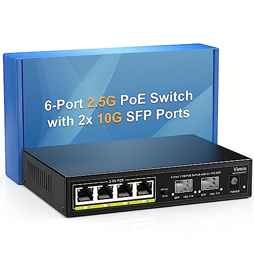 VIMIN 6-Port 2,5G PoE-Switch Unmanaged, 4X 2,5G Base-T PoE-Ports, 2X 10Gbps SFP+, 4-Port PoE Switch mit 60Gbps Ethernet Switching Kapazität, Unterstützung von IEEE802.3af/at, 65W, VLAN, Metallgehäuse von VIMIN