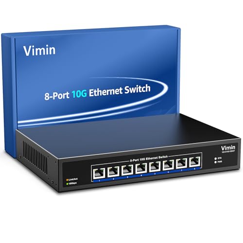VIMIN 8-Port 10G Unmanaged Ethernet Switch, 10Gbe Netzwerk Switch Unterstützt 100M/1000M/2,5G/5G/10G Geschwindigkeits Auto-Negotiation, für 10G NAS Netzwerk, Plug & Play, 160Gbps Switching Kapazität von VIMIN