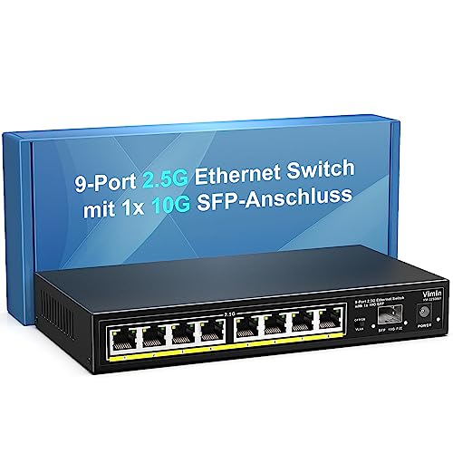 VIMIN 8-Port 2,5G Unmanaged Ethernet Switch mit 10G-SFP, 8-Port 2,5G Base-T-Ports mit 60Gbps Switching-Kapazität, Kompatibel mit 10/100/1000Mbps Netzwerk, One-Key VLAN, Lüfterlos, für Desktop von VIMIN