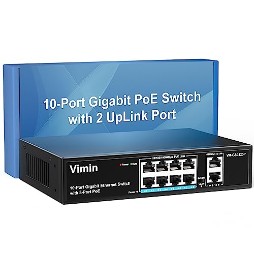 VIMIN 8-Port Gigabit PoE Switch mit 2 Uplink Gigabit Ports, 10-Port Unmanaged Ethernet PoE Switch mit 120W Leistung, Unterstützung von IEEE802.3af/at, VLAN, Desktop- oder Wandmontage, Plug & Play von VIMIN