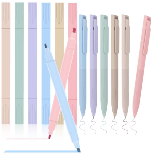 VINEST 6 Textmarker Pastell mit 6 x 0.5mm Kugelschreiber Mehrfarbig, Stifte Aesthetic Doppelspitzenmarker School Stuff, Trocken Fast Pastell Textmarker, Schulsachen Aesthetic Stifte von VINEST