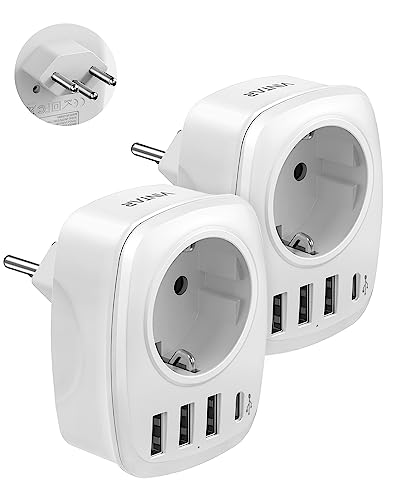 2PC Adapter Schweiz Deutschland, VINTAR 5 in 1 Reiseadapter Schweiz，mit 3 USB-A und 1 USB-C, Schweiz Reisestecker，Reiseadapter für Schweiz, Malediven, Jordanien, Liechtenstein, Typ J von VINTAR