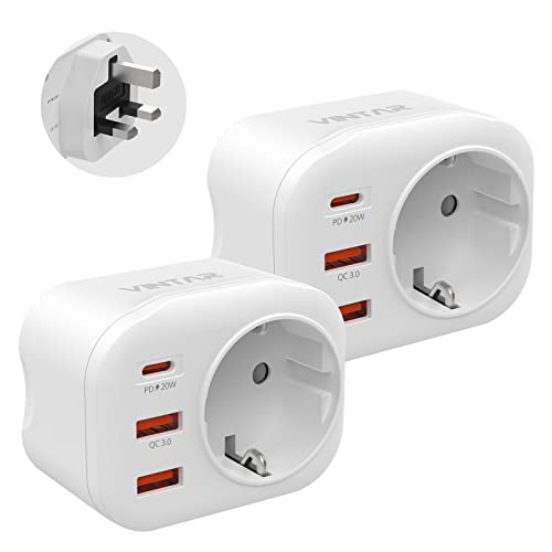 Reiseadapter UK Adapter England Deutschland Stecker, VINTAR 2PC 20W PD&QC 3.0 Steckdosenadapter Reisestecker Stromadapter mit 2 USB-A und 1 USB-C für Großbritannien England Irland Malaysia, TypG von VINTAR